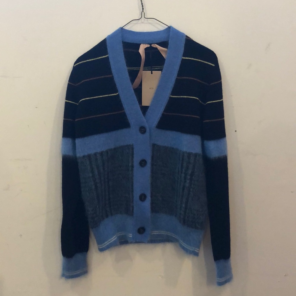 N°21 wool/mohair striped color block cardigan.